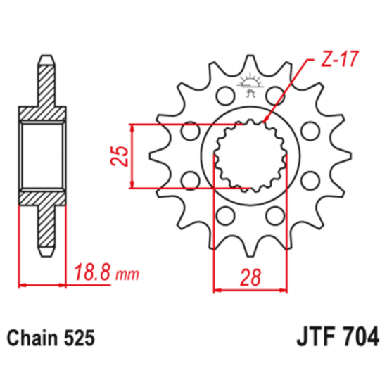 Γρανάζι κίνησης εμπρός JT 525 17 δόντια από ατσάλι με λάστιχο - JTF704.17RB